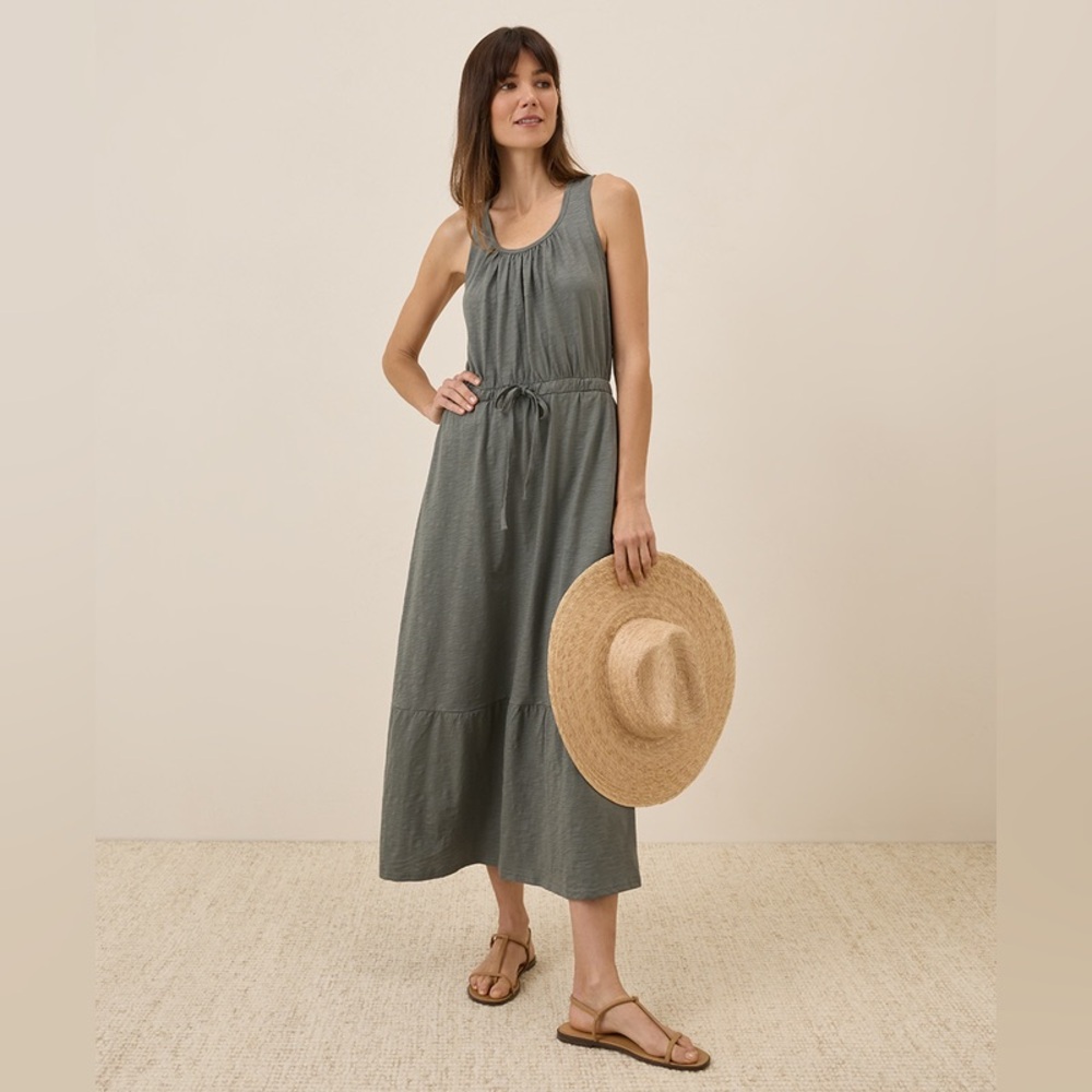 Pact 100% Organic Cotton Relaxed Slub Tank Midi Dress in Castor Green